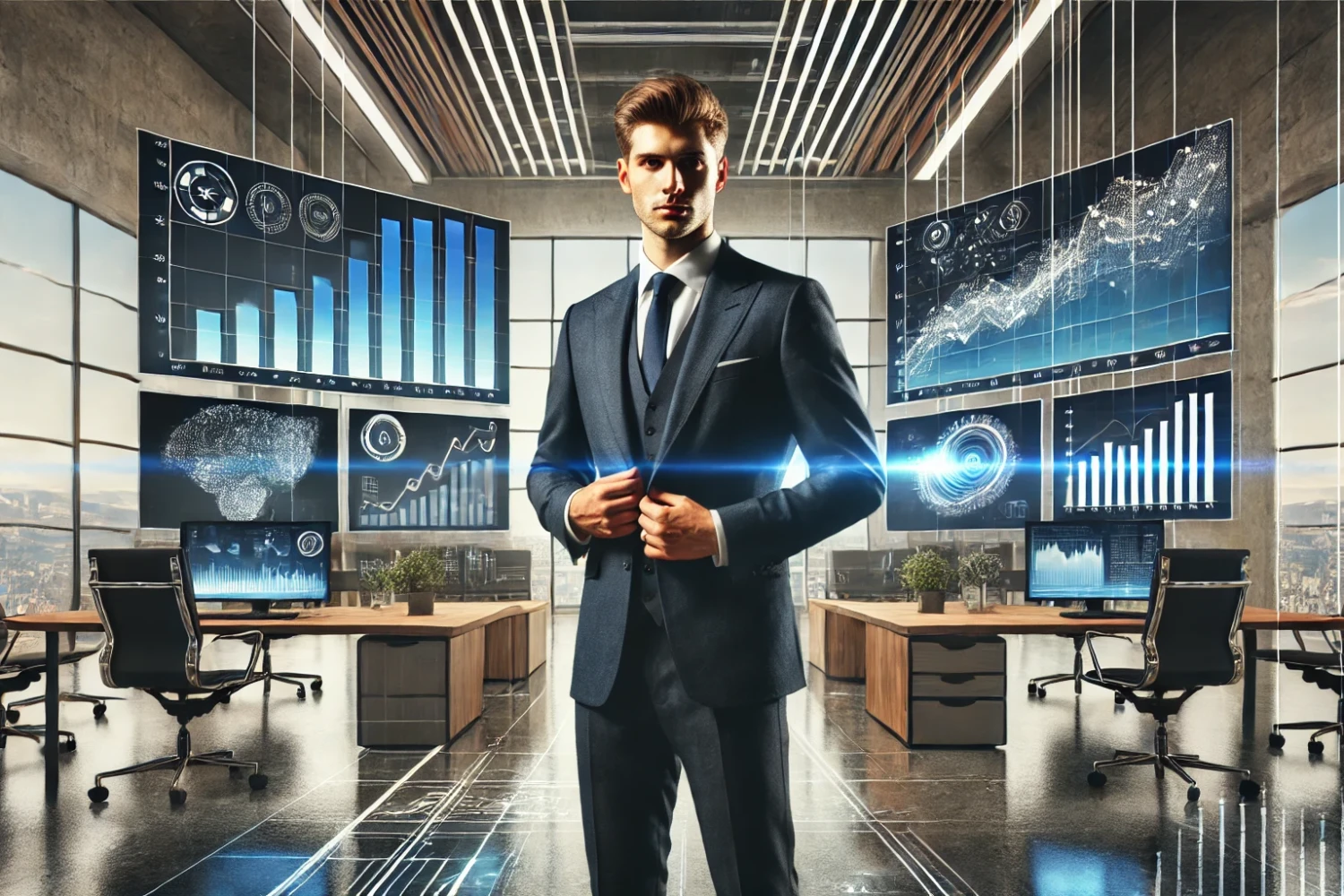 A professional business leader analyzing graphs on large digital screens trending upward in a modern office setting, symbolizing SaaS growth and success.