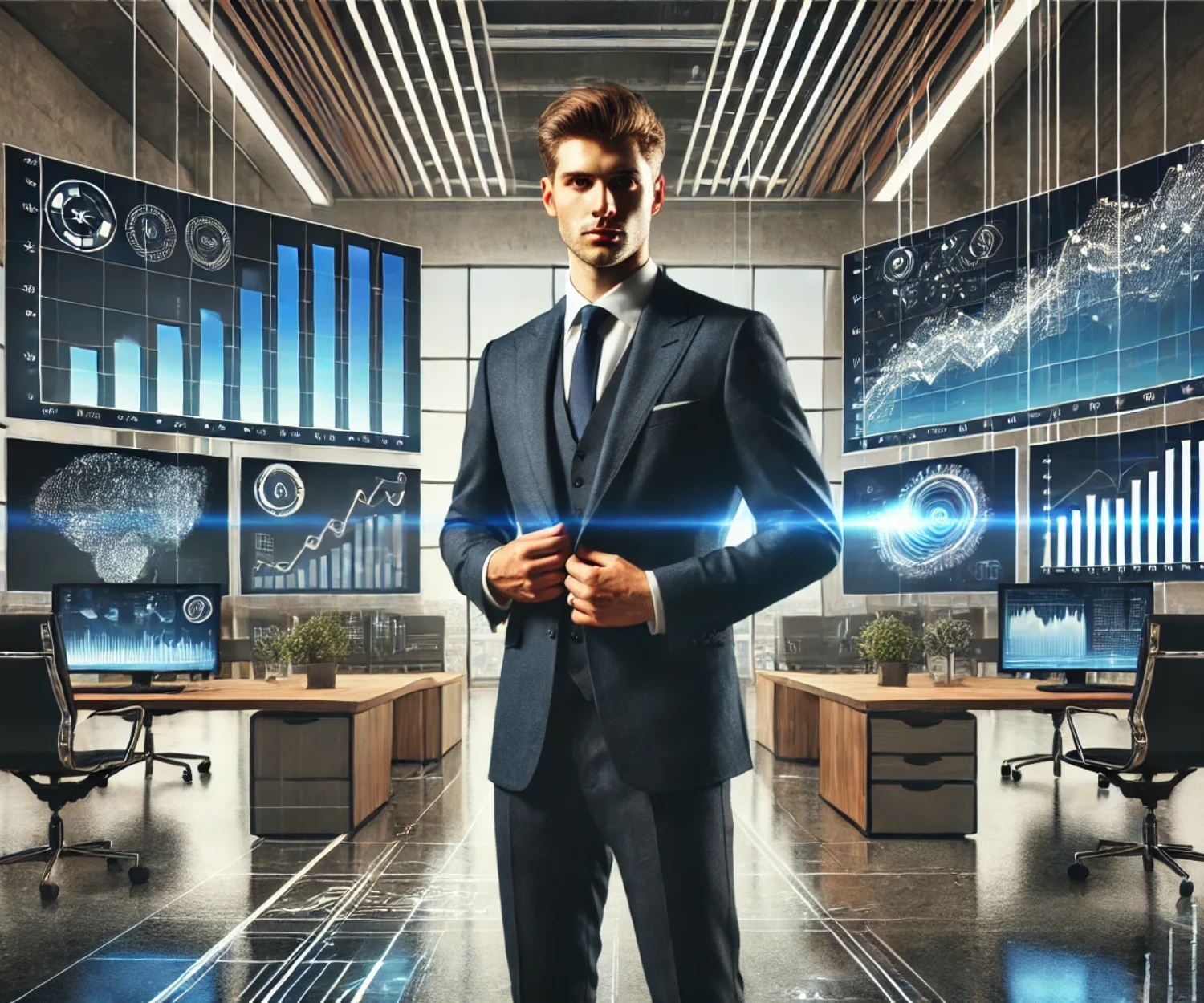 A professional business leader analyzing graphs on large digital screens trending upward in a modern office setting, symbolizing SaaS growth and success.